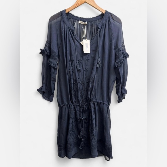 Ulla Johnson Frances Silk Embroidered Tassel Dress Midnight Blue Size 4 NWT Boho - Picture 2 of 11